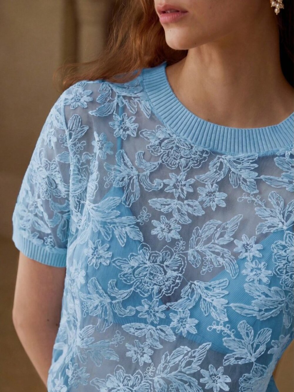 Sky Blue Sheer Floral Lace Mesh Ribbed Trim Short Sleeve Knit Top